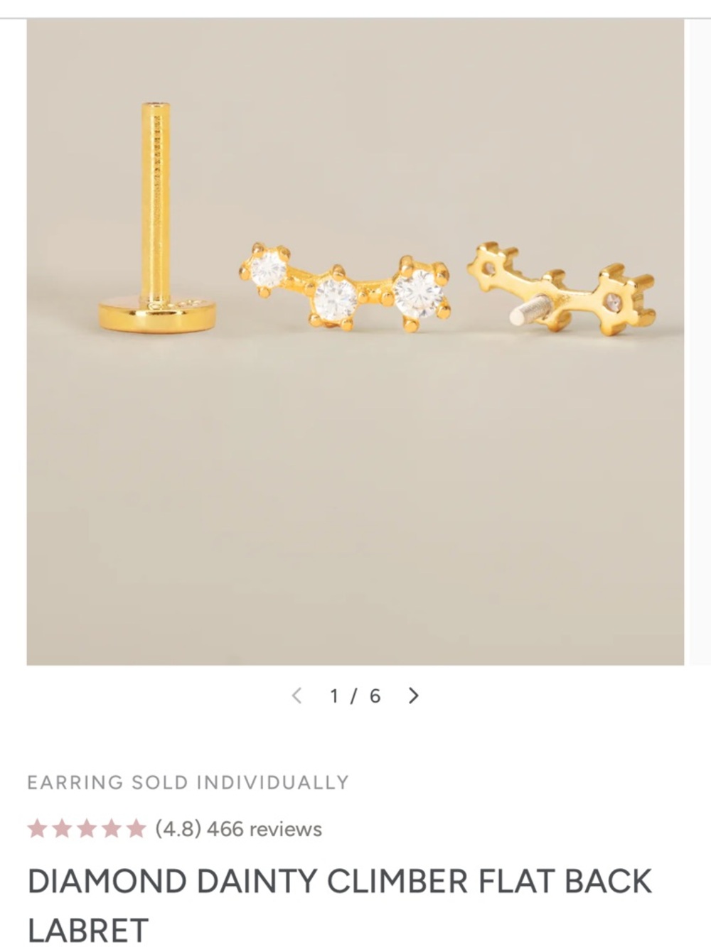 Diamond Dainty Climber Flat Back Labret - Gold with Clear Stones